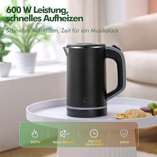 Kogende Vandkoger i Rustfrit Stål, Mini Rejsekoger til 0,8 Liter, 600 Watt Elektrisk Vandkoger, Dobbeltlagsdesign, Overophedningsbeskyttelse, Hurtig Kogningsfunktion, Stille white