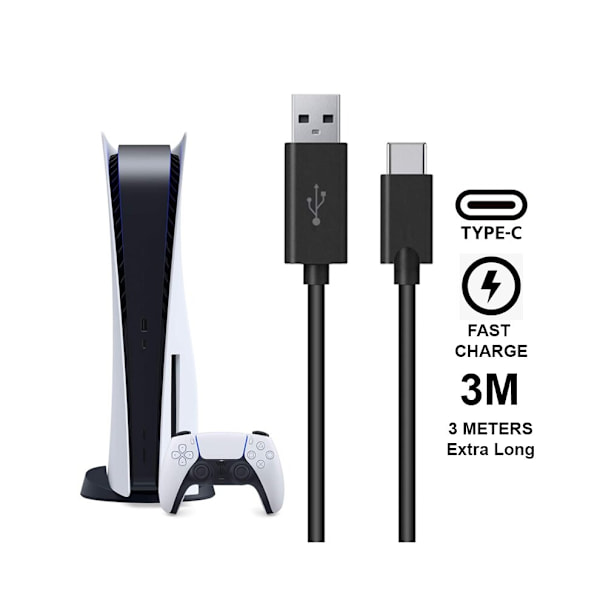 (2 stk.) 3m opladerkabel - til PS5/ Playstation 5 USB-C sort Ekstra Lang - Perfekt (1-PACK) 3 meter