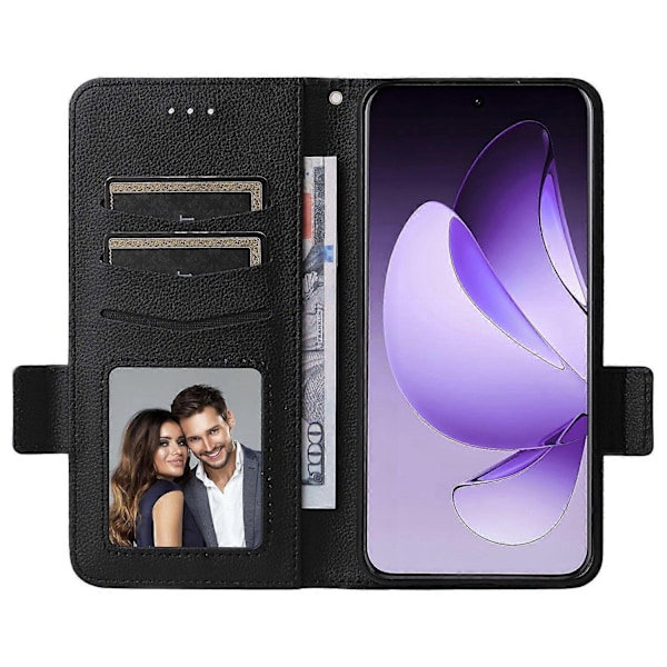 Kompatibelt med Oppo Reno13 Pro 5G Skal med Handledsrem Litchi Textur PU Läder Plånboksfodral - Perfekt Black