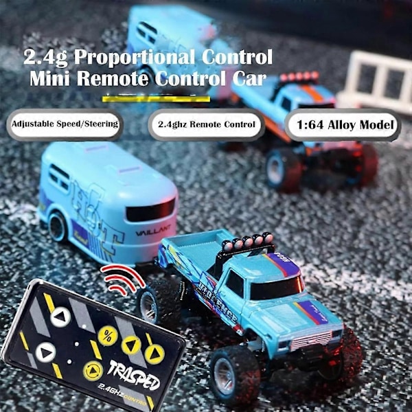 Mini RC Monster Truck USBC Ladbar Chassis med Tilhenger, 1:64 Skala Legering Perfekt All Blue