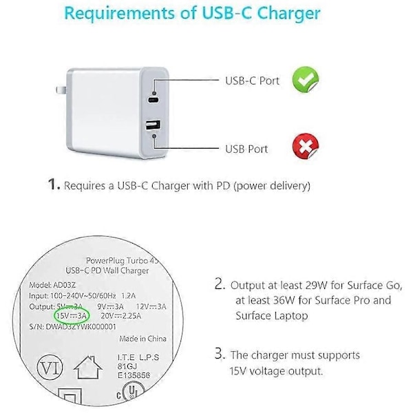 Nylonflettet Kompatibel med Surface Connect til USB-C Ladekabel Kompatibel med Surface Pro7 Go2 Pro6 5/4/3 Surface L-Perfet