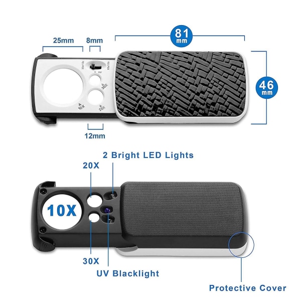 Bærbar luppforstørrelse 30x60x90x forstørrelse med LED og UV-lys - Perfet