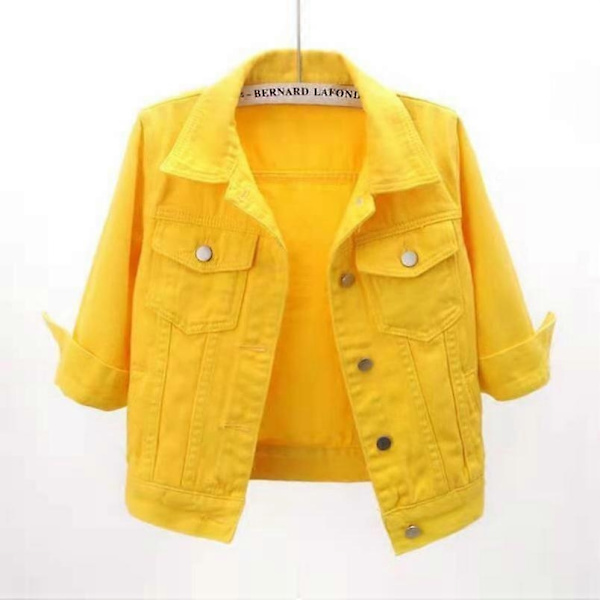 Vårförsommar Kort Kavaj Dam Ytterkläder Howdfeo Denimjacka Rosa Jeansjackor Casual Kvinnor Lila Gul Vit Lös Toppar-Perfet Yellow XL