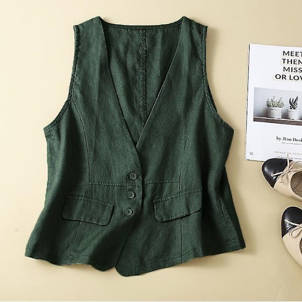 Womens Cotton Linen Vest Casual Loose V Neck Sleeveless Vests-Perfet Green XL