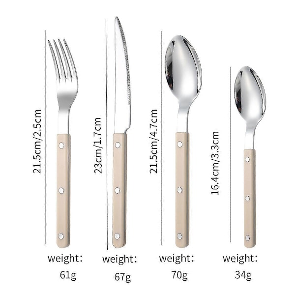 Klassisk Resin Rivets Håndtak Rustfritt Stål Vestlig Bestikksett 4-i-1 Elegant Servise Redskaper for Fine Dining-Perfekt Beige