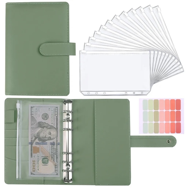 Binder Notesbog, Zip Pocket Binder Notesbog, A6 Budget Binder med 12 Binder Lommer og 21 Label Stickers (grøn) - Perfet