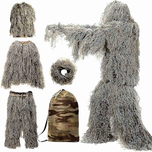 In 1 Ghillie Suit, 3D Camouflage Jagttøj, Inkluderer Jakke, Bukser, Hætte, Håndtaske - Perfekt Brown 1.3m