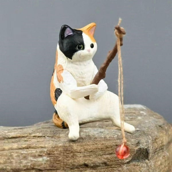 Fiskande Katt Ornament Akvarium Dekoration Akvarium Landskapsarkitektur Tecknad Katt Staty Mini Resin Figurin Hemdekorationer-Perfet cat