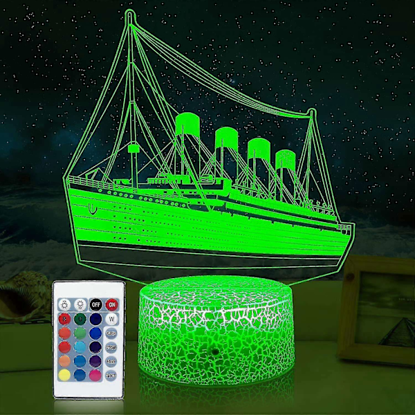 Titanic Børnenatlys 3D Illusionsskib Model Lampe 16 Farveskiftende Børneværelse Sengelampe - Perfekt