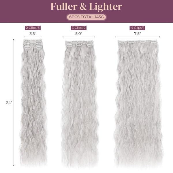 Clip In Hair Extensions. 6 stk Curly 24" lang syntetisk - Perfet