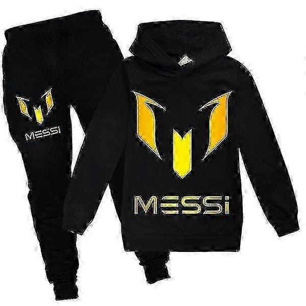 Barnens Messi avslappnade hoodie-byxor set pojkar flickor hoodie-byxor sportkläder set - Perfet black 9-10 years old-140cm