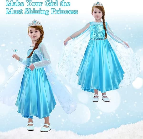 Elsa prinsessekostyme for jenter, 9-delt sett inkludert krone, hodeplagg, hansker og tryllestav, egnet for jul, kostymefester, Halloween 130cm