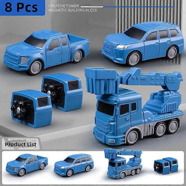 Magnetisk Transformerende Ingeniørkjøretøy Montert leketøy - Perfekt Blue 8 piece set