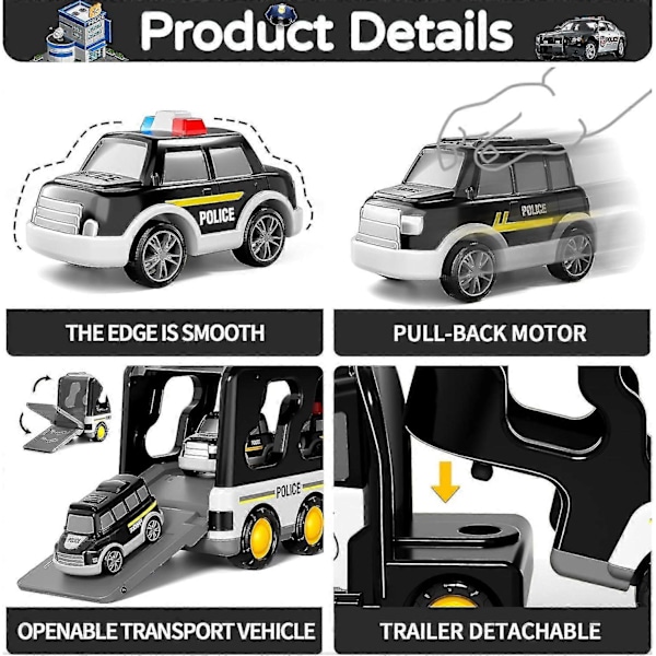 7-in-1 Kuorma-auto Kitka-leluauto, Palokunta-autolelu, Rakennusautolelu, Poliisiautolelu, Sopii Taaperoille, Lasten Syntymäpäivälahja - Täydellinen Black