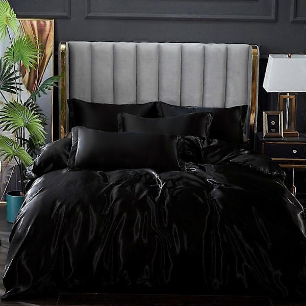 Minglan Enfärgad sängkläder i sidenimitation, högkvalitativt satäng sänglinne påslakan örngott set i fyra delar - Perfet black 150x200cm 4pcs