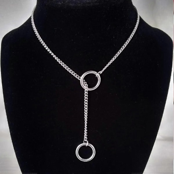 Hjerte O-ring Slip Chain Halskæde til Kvinder Rustfrit Stål Cuban Chain Hjerte Halskæde Punk Rock Krave Halskæde Håndlavet Justerbar Lariat Y Halskæde- Silver Ring