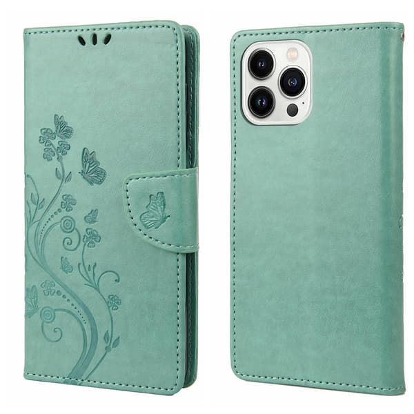 Butterfly Flower PU Etui Kompatibelt med iPhone 14 Pro-Perfet Green