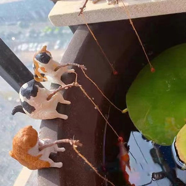 Fiskande Katt Ornament Akvarium Dekoration Akvarium Landskapsarkitektur Tecknad Katt Staty Mini Resin Figurin Hemdekorationer-Perfet style three