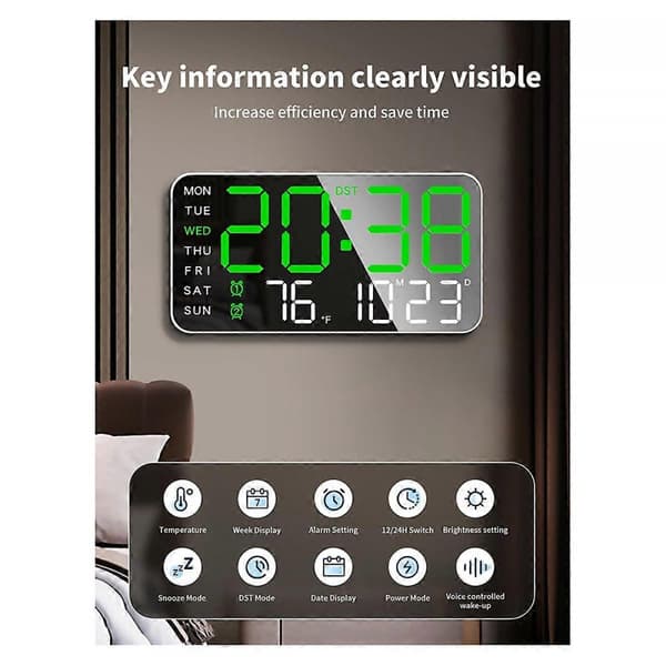 8.4 tum stor digital väggklocka, LED-väckarklocka med siffror, grön