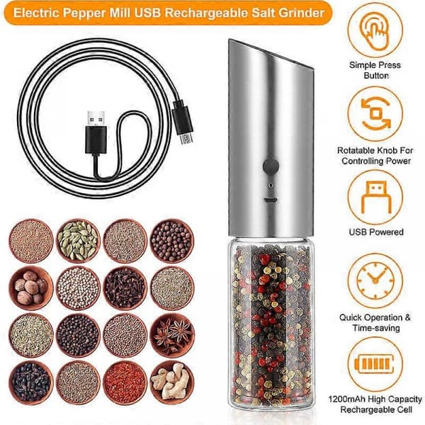 Elektrisk pepparkvarnmaskin, USB-driven saltkvarn/200 ml stor behållare