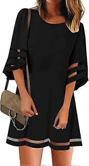XLLadies Casual Rund Hals Mesh Panel, Utsvängd Ärm Lös Tunika Klänning