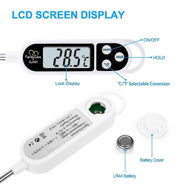 Matlagningstermometer, LEMEGO Digital Köttmatstermometer Direktavläsning Lång Sond Auto Av (Batteri Ingår, vit)