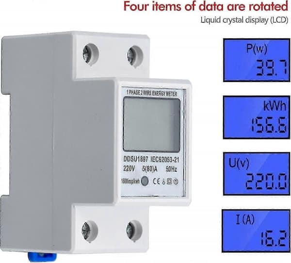 LCD Digital Elmätare AC 5(80)A Enfas KWH-mätare för DIN-skenamontering