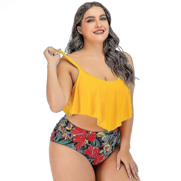 Damtryck volang hög midja plus size delad baddräkt bikini strandkläder
