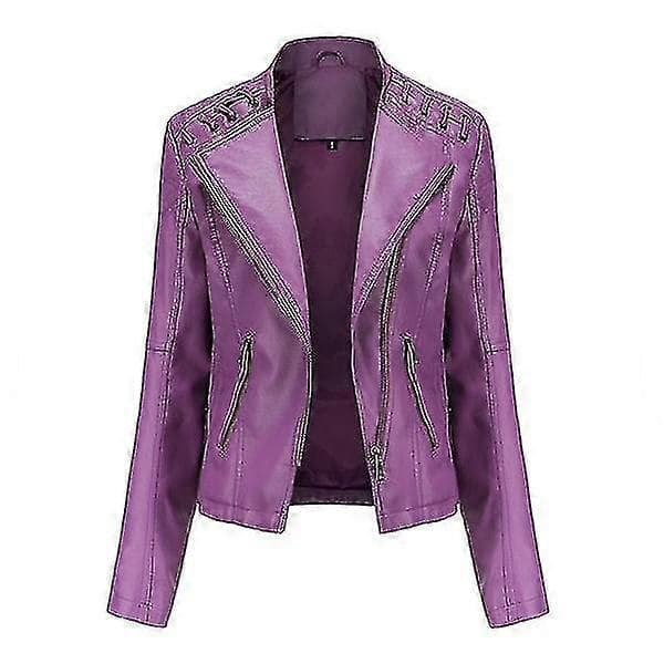 PurpleXL Dammode Slim Kort PU Läderjacka Med Fickor