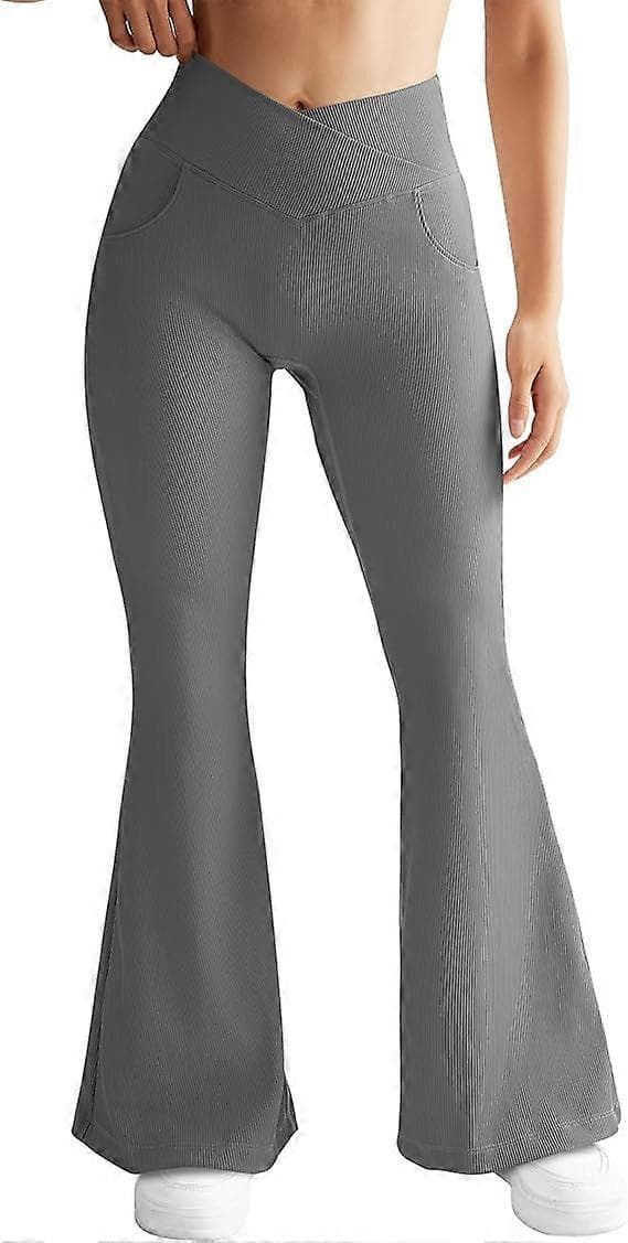 grauMWomen's Ribbade Kors Midja Utsvängda Yogabyxor Utsvängda