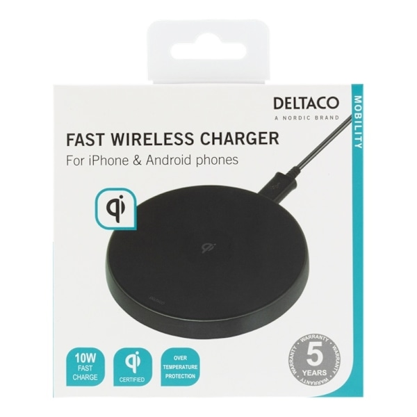 DELTACO langaton pikalaturi iOS-ja Android-laitteille, 10W, Qi-sert.