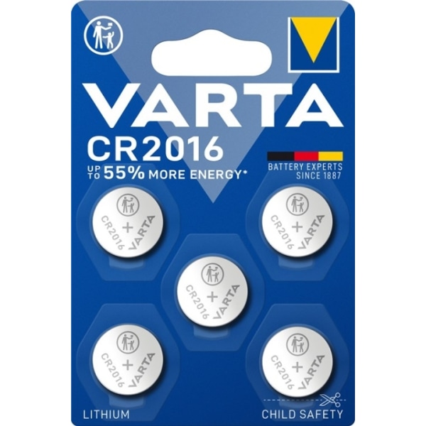 Varta CR2016 (6016) batteri, 5 st. i blister litium-knappcell, 3