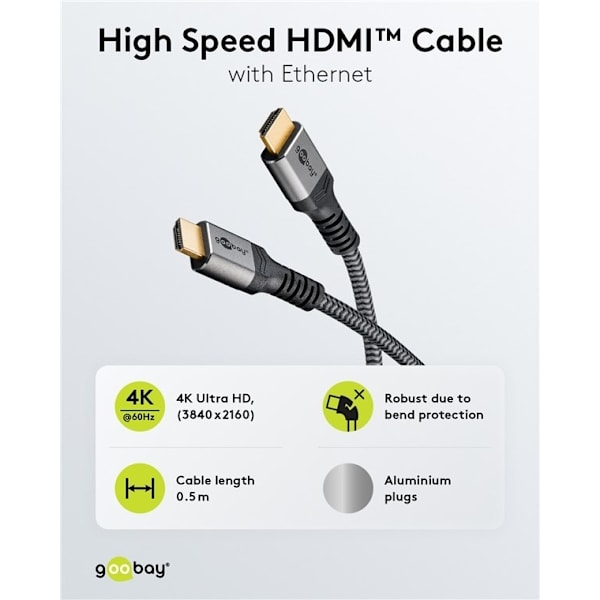 Goobay HDMI™-suurnopeuskaapeli Ethernet-liitännällä, 0,5 m, Sharkskin