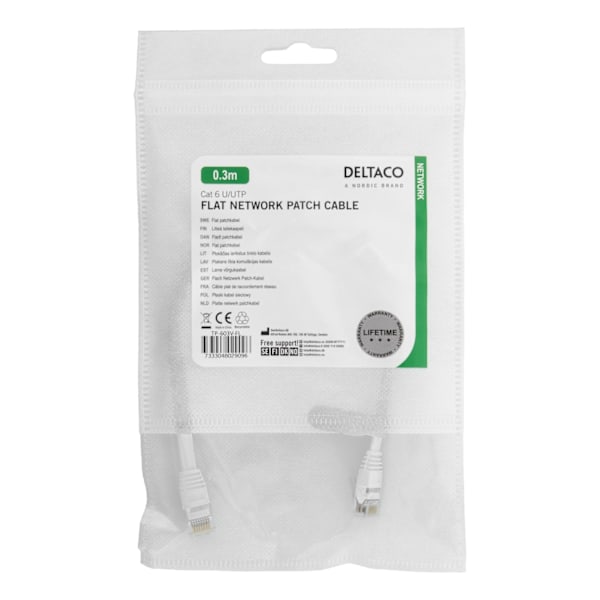 DELTACO U/UTP Cat6 patchkabel, flat, 0,3m, Delta-cert, LSZH, vit