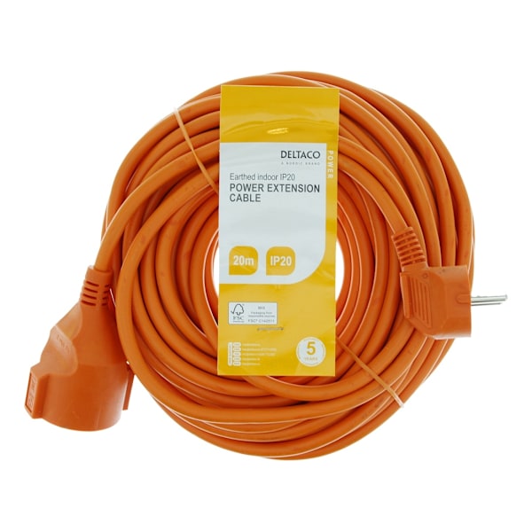 DELTACO yksiosainen jatkojohto, IP20 H05VV-F 3G1.5 20m, Oranssi