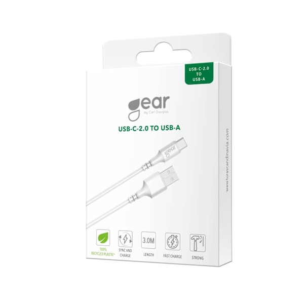 GEAR Laddkabel USB-A till USB-C 2.0 3m Vit Rund