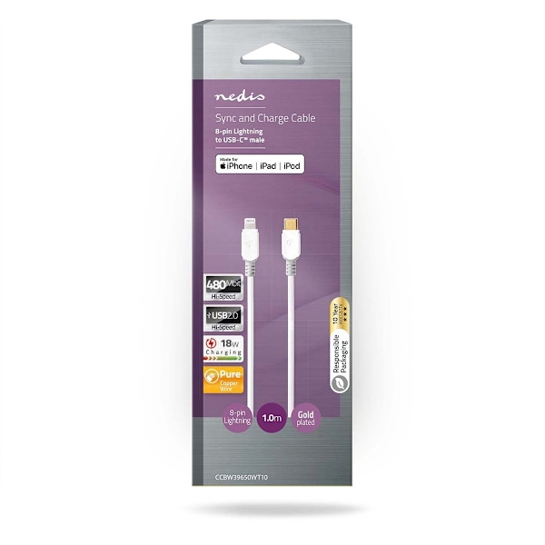 Nedis Lightning Kaapeli | USB 2.0 | Apple Lightning 8-Pin | USB-C™ Uros | 480 Mbps | Kullattu | 1.00 m | Pyöreä | PVC | Valkoinen | Laatikko