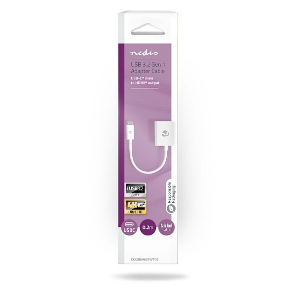 Nedis USB-C™ Adapter | USB 3.2 Gen 1 | USB-C™ Han | HDMI ™ -udgang | 4K@30Hz | 0.20 m | Runde | Nikkelplateret | PVC | Hvid | Box