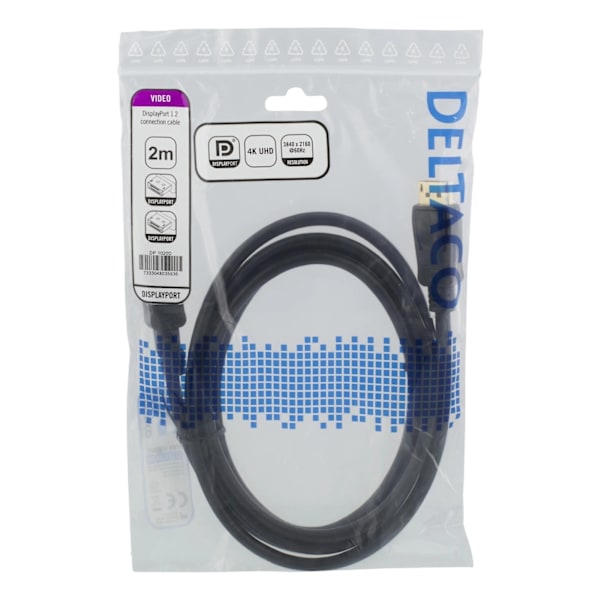 DELTACO DisplayPort-kaapeli, 2m, 4K UHD, DP 1.2, valkoinen