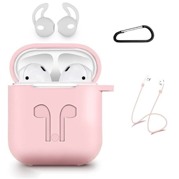 Silikone-kit til Airpods, Silikone-etui, Strap, Silikone-ørepropper, Karabinhage, Rosa