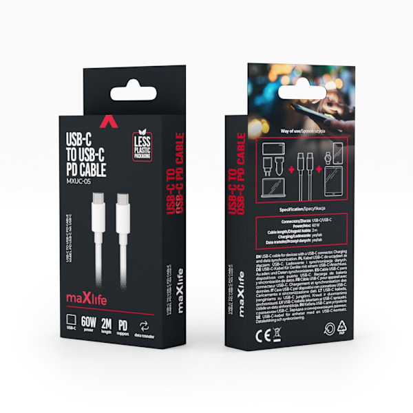 Maxlife MXUC-05 laddkabel USB-C - USB-C, 2m 60W, vit