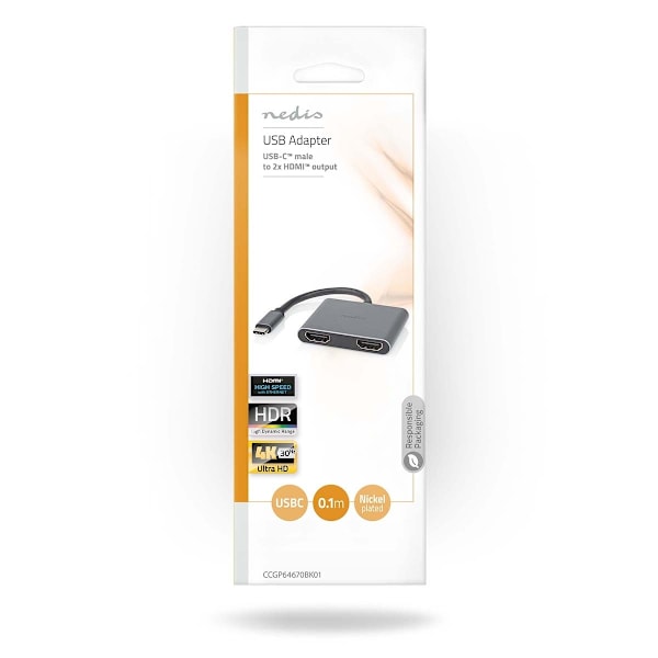 Nedis USB N Moniporttisovitin | 2-in-1 | USB 3.2 Gen 1 | USB-C™ Uros | 2x HDMI™ | 0.10 m | Pyöreä | Niklattu | PVC | Musta | Kirjekuori