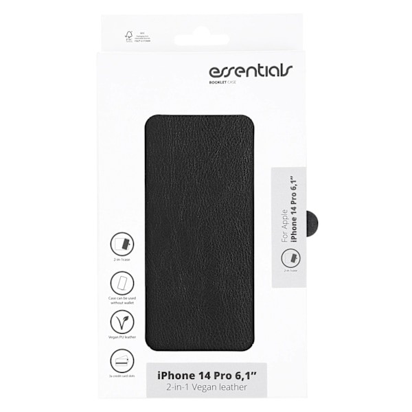 Essentials iPhone 14 Pro PU wallet, detach, 3 card,Black Svart