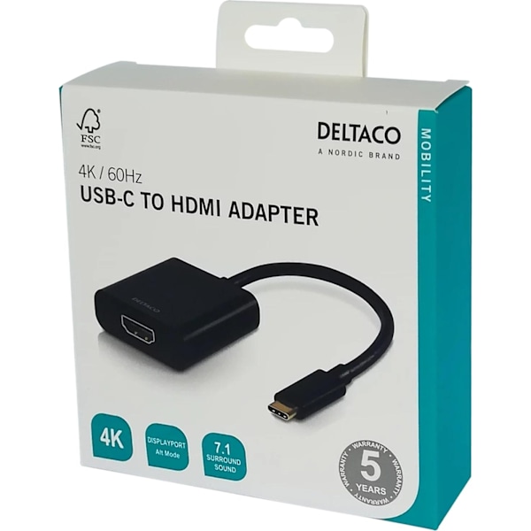 DELTACO USB-C - HDMI-sovitin, USB-C uros - HDMI naaras, musta