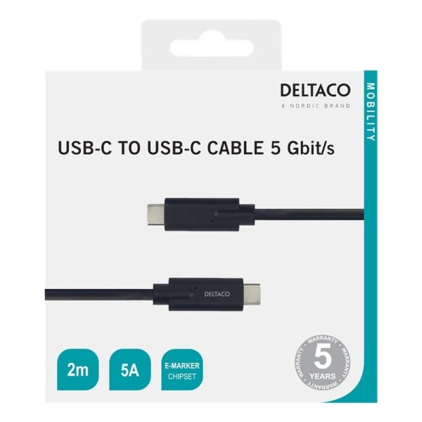 DELTACO USB-C-kaapeli, 5Gbit/s, 5A, 2m, musta