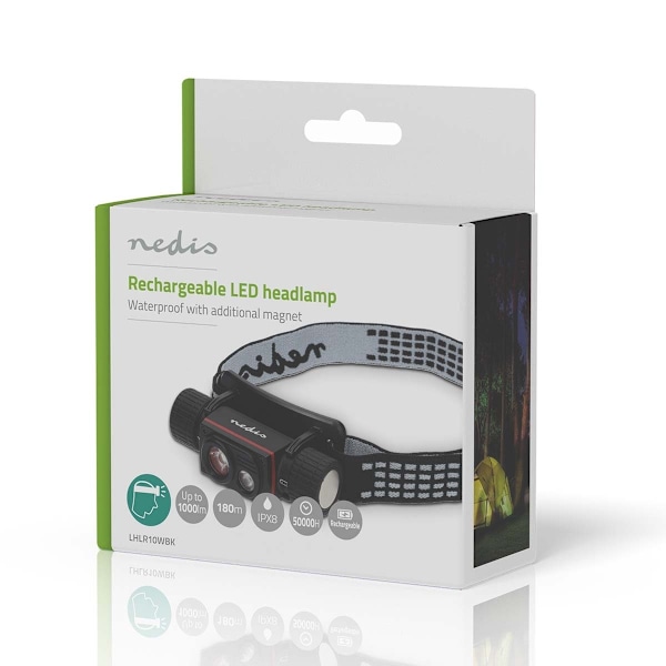 Nedis LED huvudlampa | Batteridriven / USB ström | 3.7 V DC | batterier medföljer | Uppladdningsbara | Angivet ljusflöde: 1000 lm | Belysningsräckvidd