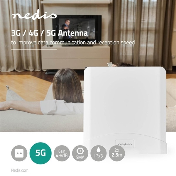 Nedis 5G / 4G / 3G Antenn | 5G | Inomhus eller Utomhus | 698-5000 MHz | Förstärkning: 6 dB | 2.50 m | Vit