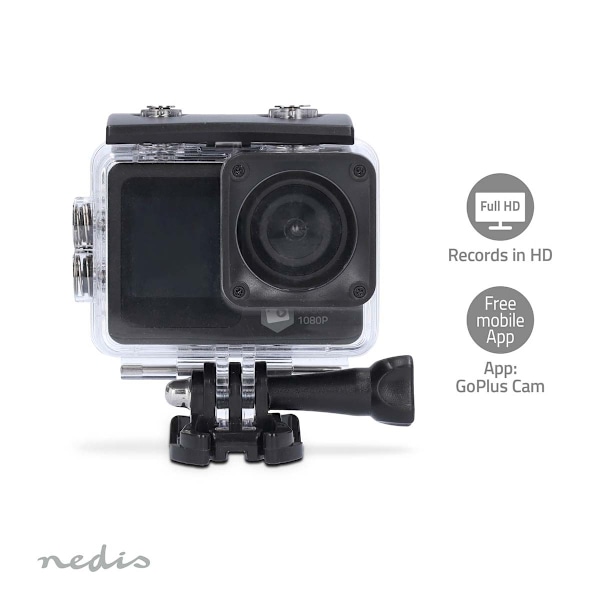 Nedis Action Cam | Dobbelt Skærm | 1080p@30fps | 12 MPixel | Vandtæt op til: 30.0 m | 70 min | Wi-Fi | App tilgængelig til: Androidâ„¢ / IOS | Monteri