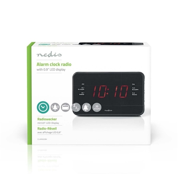 Nedis Digital vækkeur Radio | LED Display | 1x 3.5 mm Audio Input | Tidsprojektion | AM / FM | Snooze funktion | Sleep timer | Antal alarmer: 2 | Sort