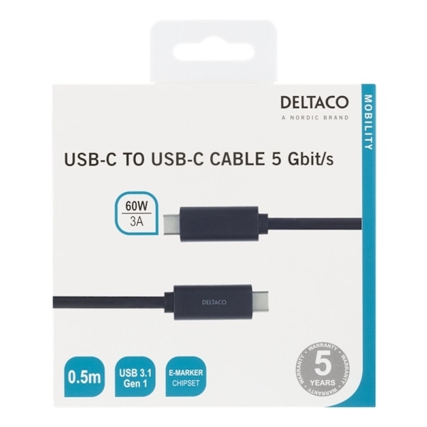 DELTACO USB-C-kaapeli, 0,5m, USB 3.1 Gen 1, musta